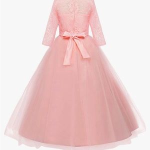 Girls Floral Lace 3/4 Sleeves Floor Length Dress, pink